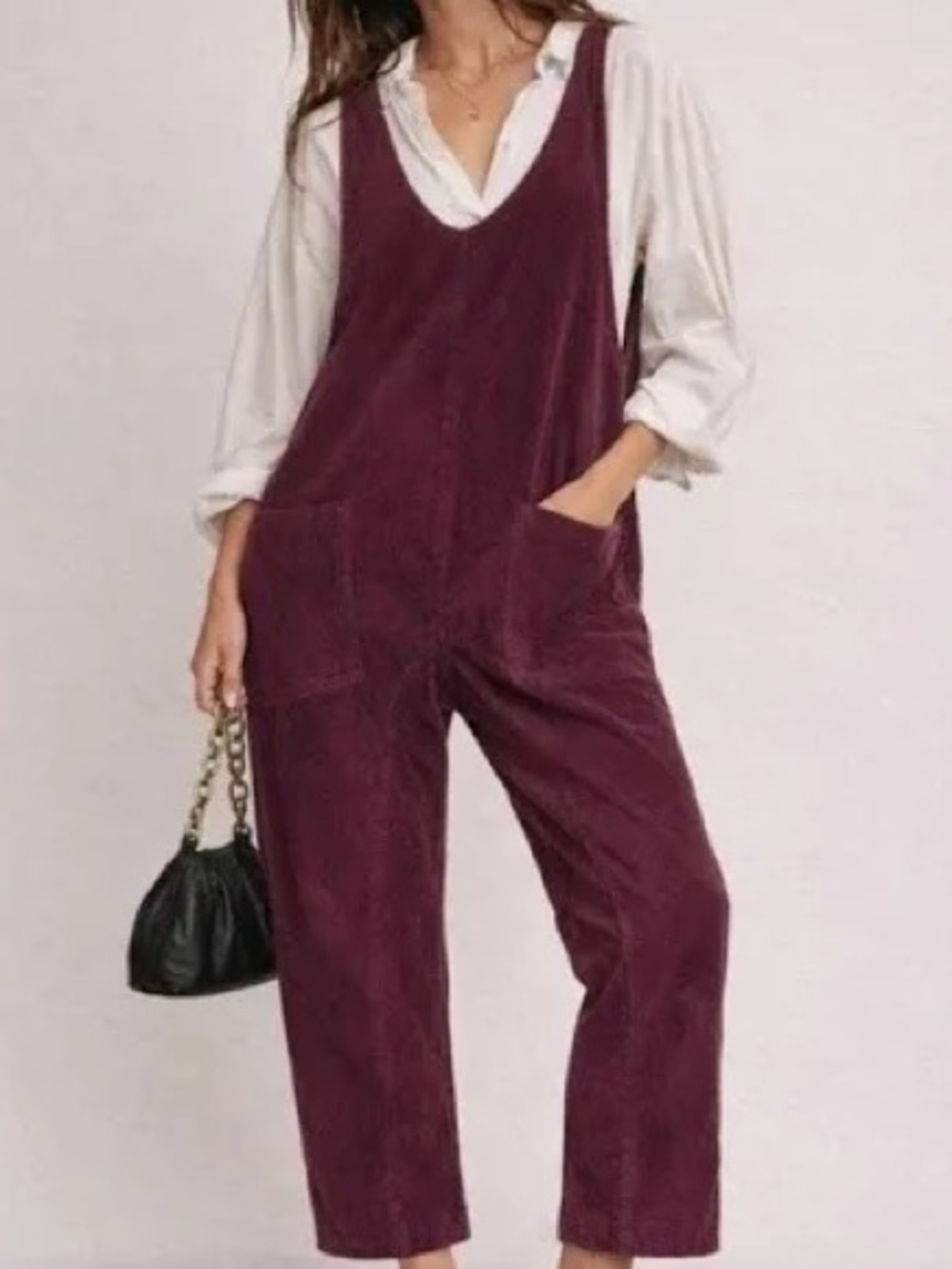 Women's Burgundy free people we the free Corduroy V-Neck high roller jumpsuit.